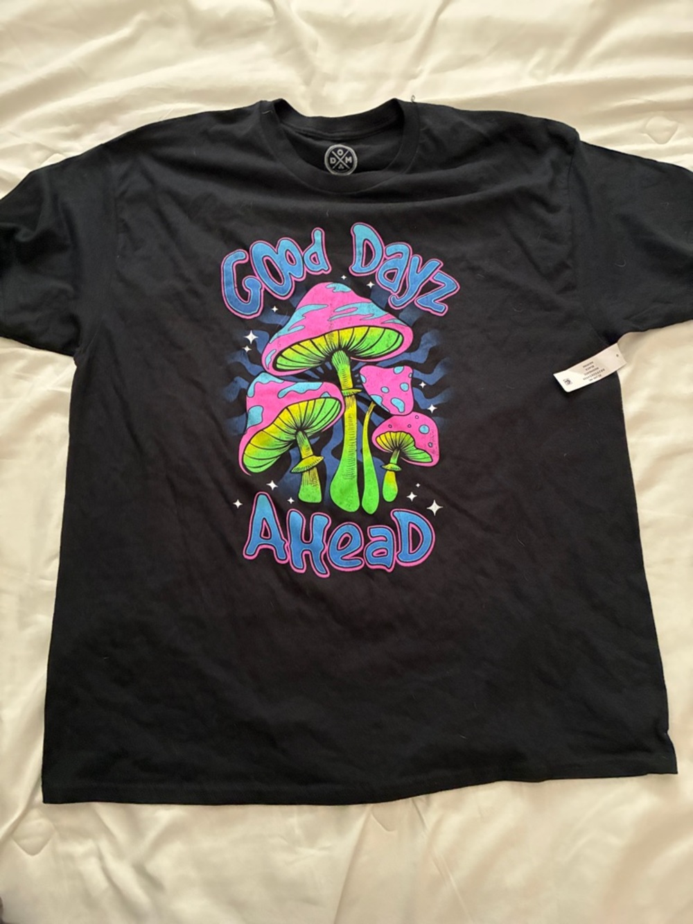 New tags 🏷️ Good Dayz Ahead Black Graphic Tee with Neon Mushrooms